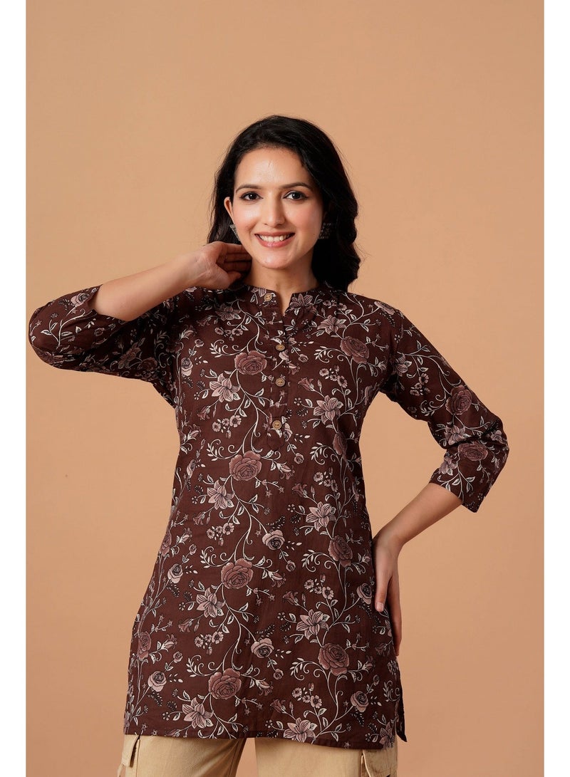 Aasira Brown Floral Printed Short Kurti for Women - Image 2